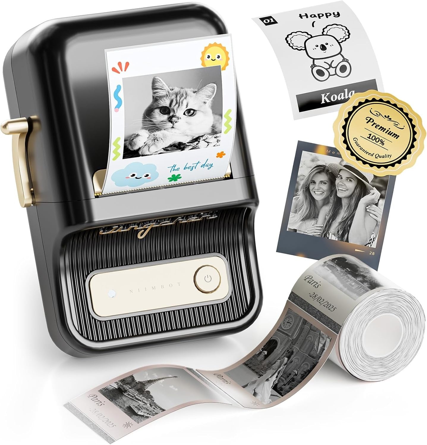 VMIDirect Thermal Label Printer in black with photo label output and sticker designs