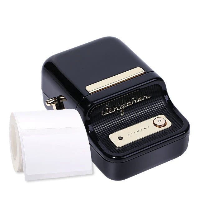 VMIDirect Thermal Label Printer in sleek black design with a roll of labels included