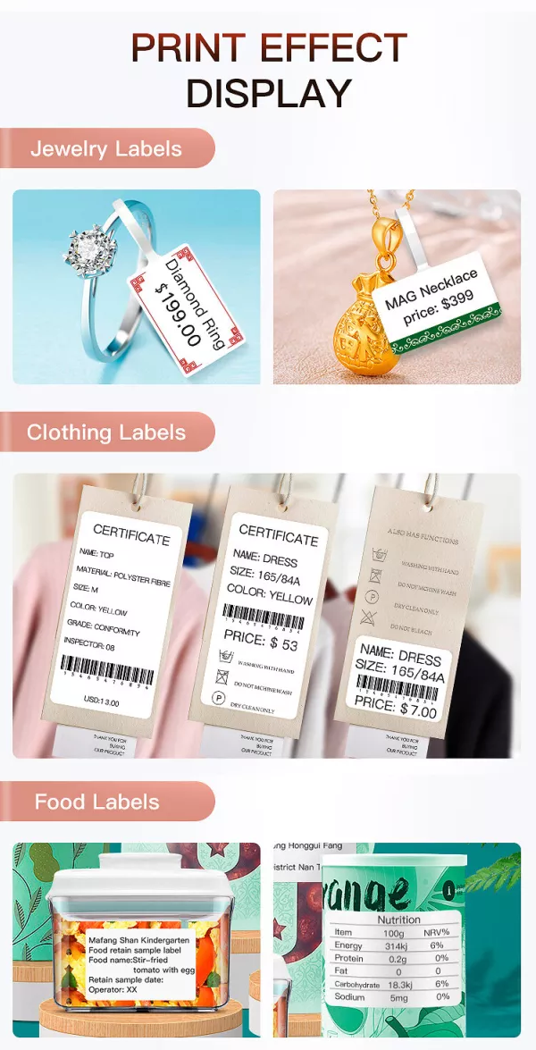Various Waterproof Thermal Label Stickers for Jewelry, Clothing, and Food with clear printing examples