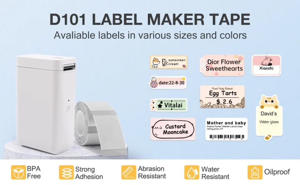 Waterproof Thermal Label Stickers on D101 Label Maker with various sizes and colors displayed