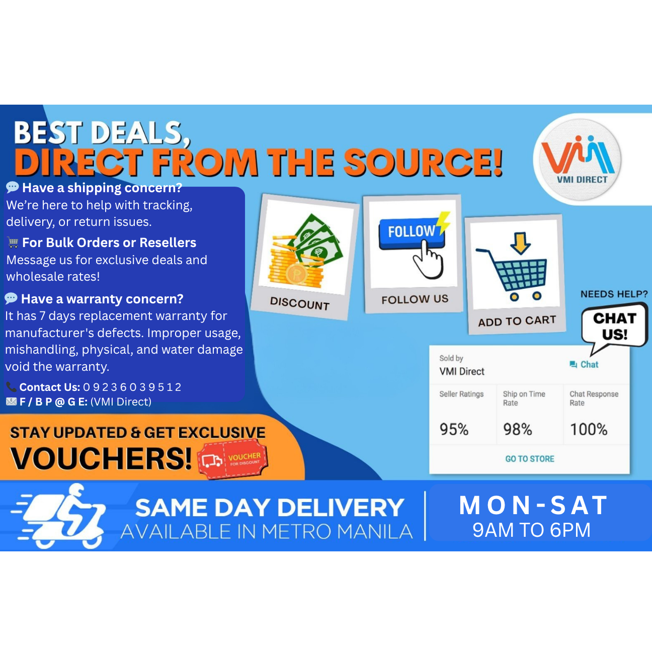 VMIDirect promotional image highlighting deals on tower fans with shipping and warranty information