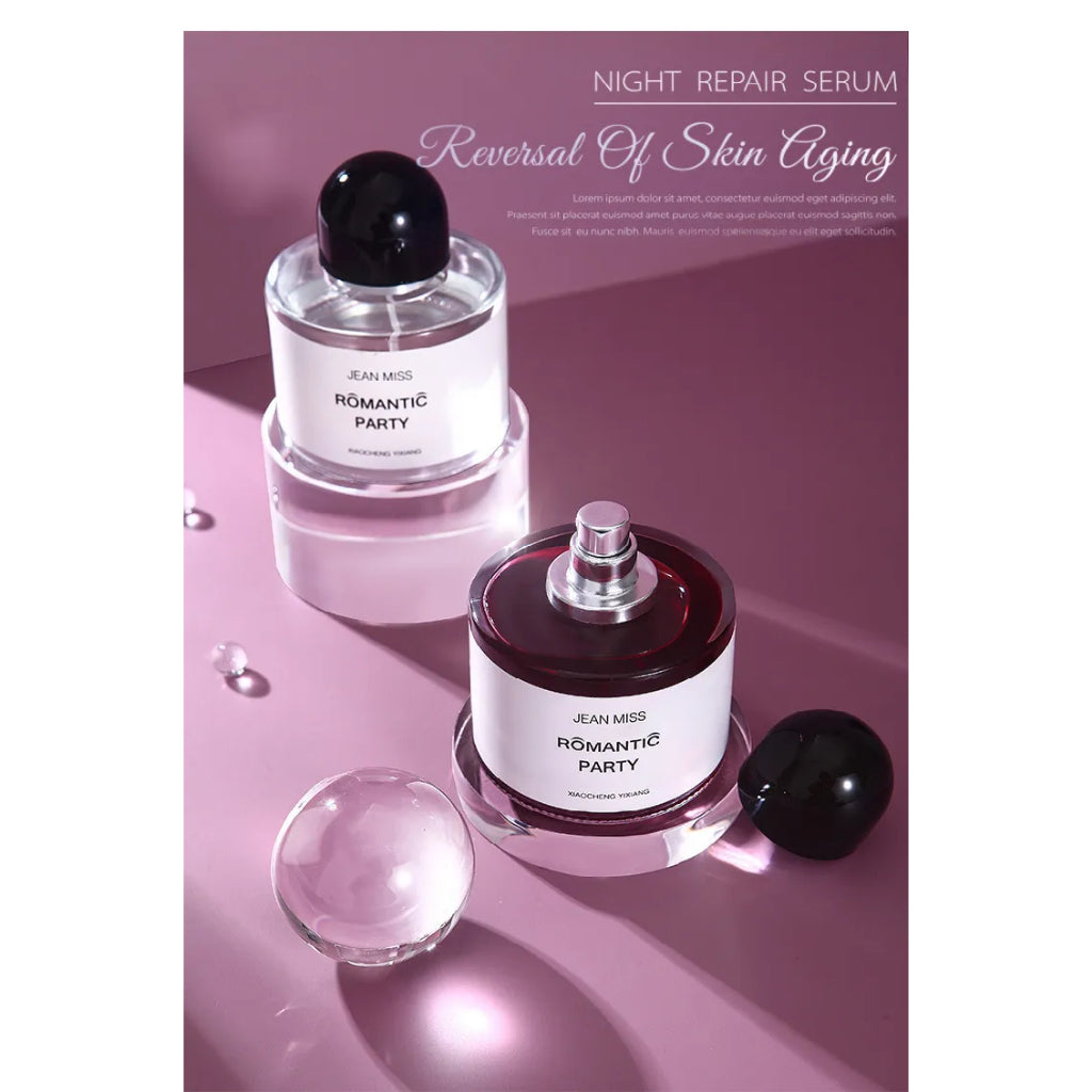 Transparent Acrylic Geometric Photo Props with Night Repair Serum bottles on a pink background