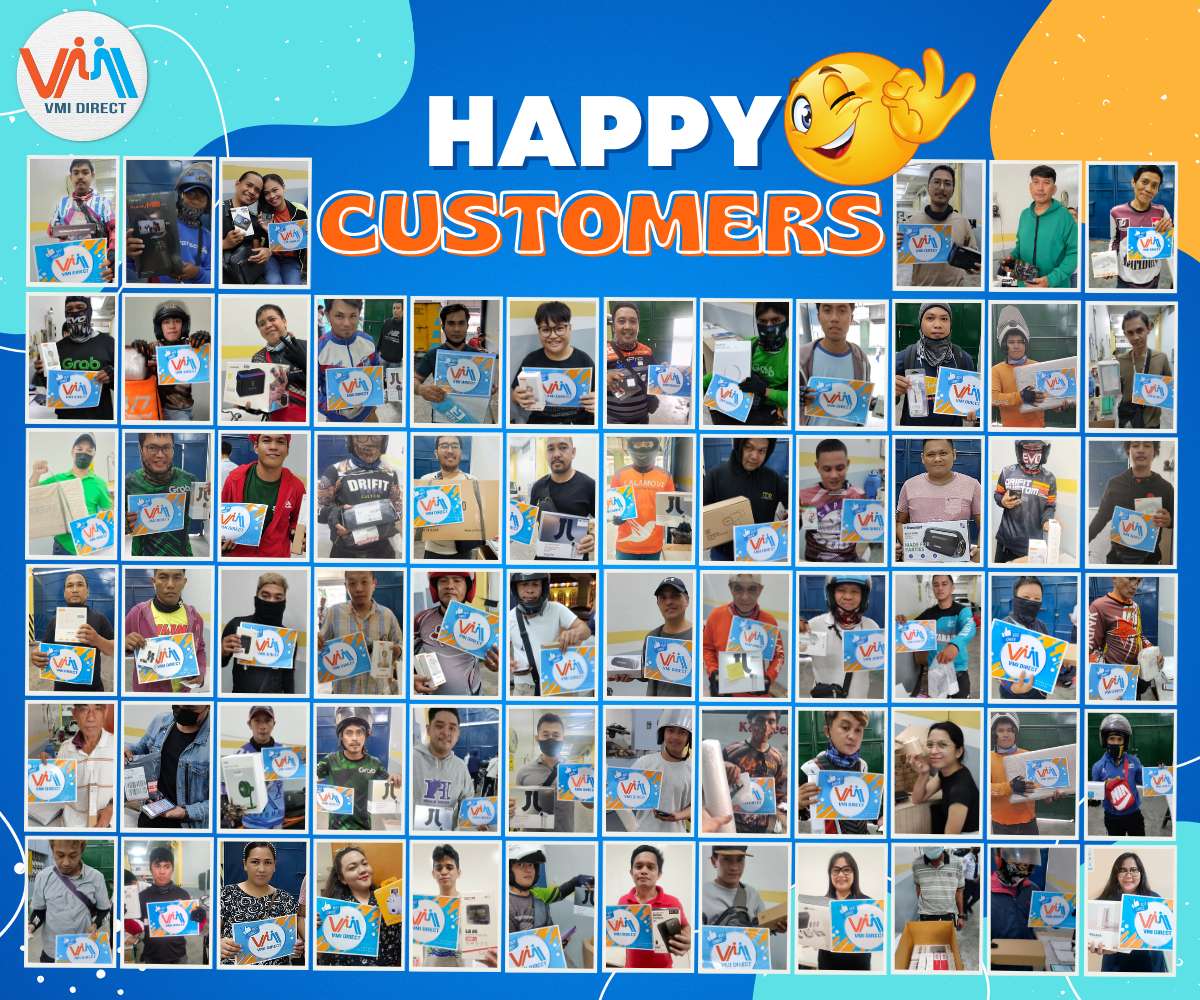 Happy customers holding VMIDirect products including Bluetooth Speaker for satisfaction and quality