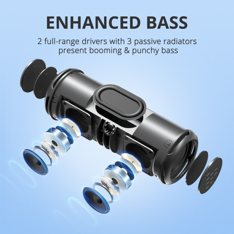 VMIDirect Portable Bluetooth Speaker showcasing enhanced bass with dual drivers and passive radiators