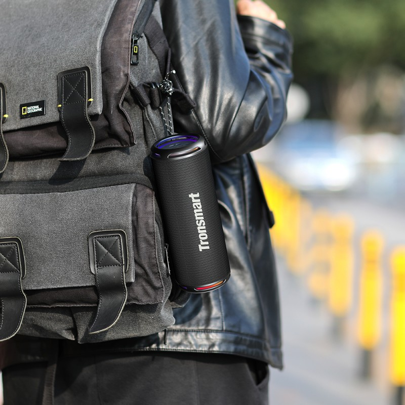 VMIDirect Portable Bluetooth Speaker attached to a backpack for on-the-go use