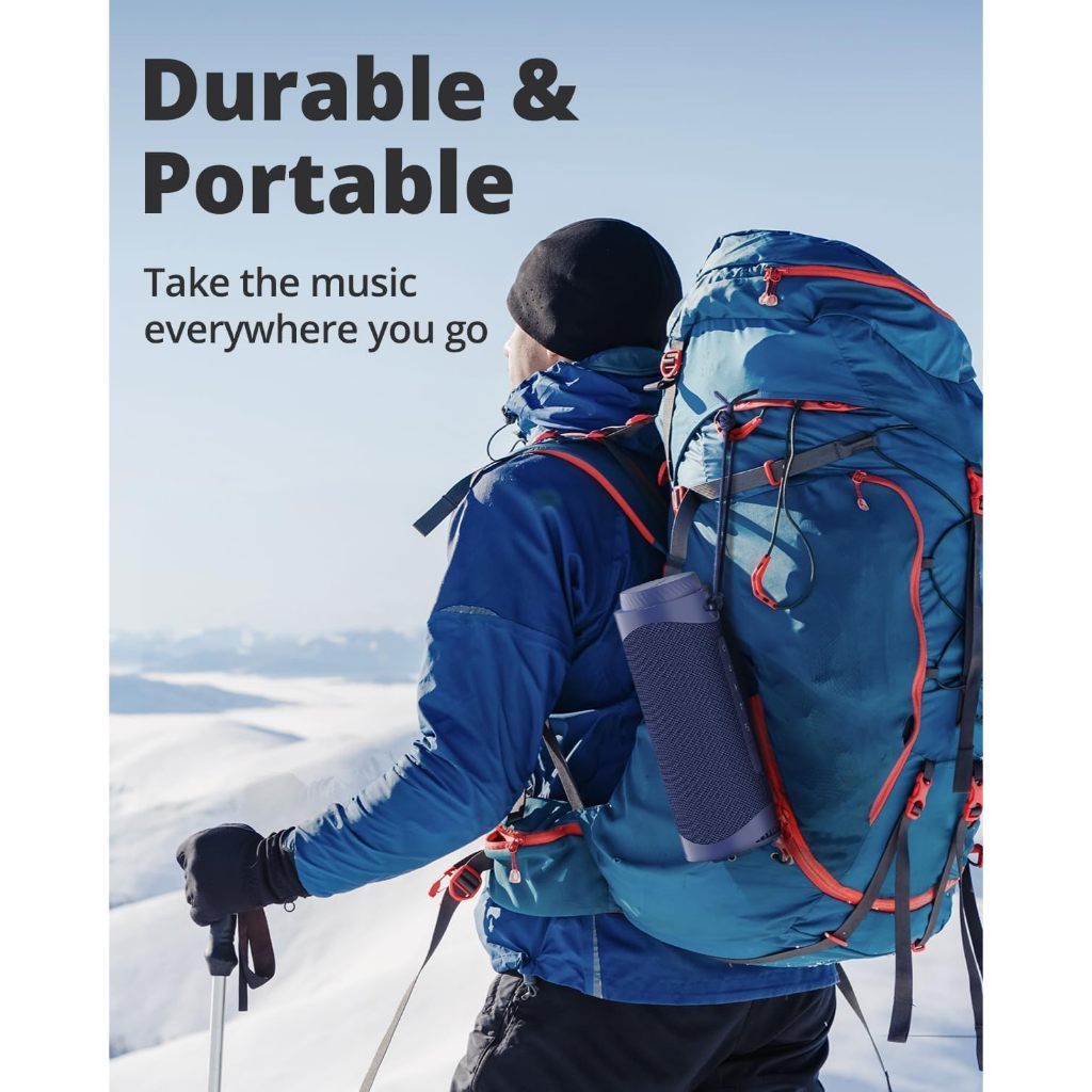 VMIDirect Portable Bluetooth Speaker attached to a backpack for outdoor adventure and travel.