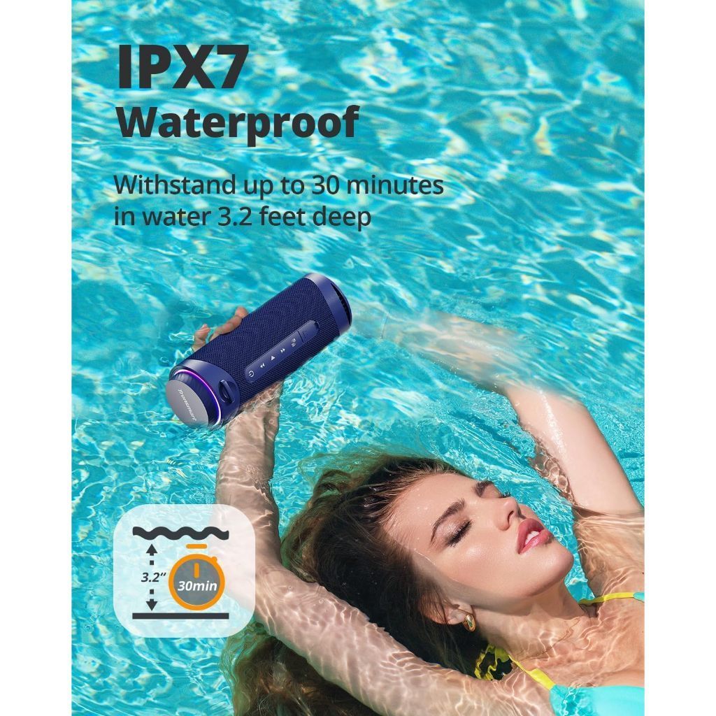 VMIDirect Portable Bluetooth Speaker in use, showcasing its IPX7 waterproof feature while swimming