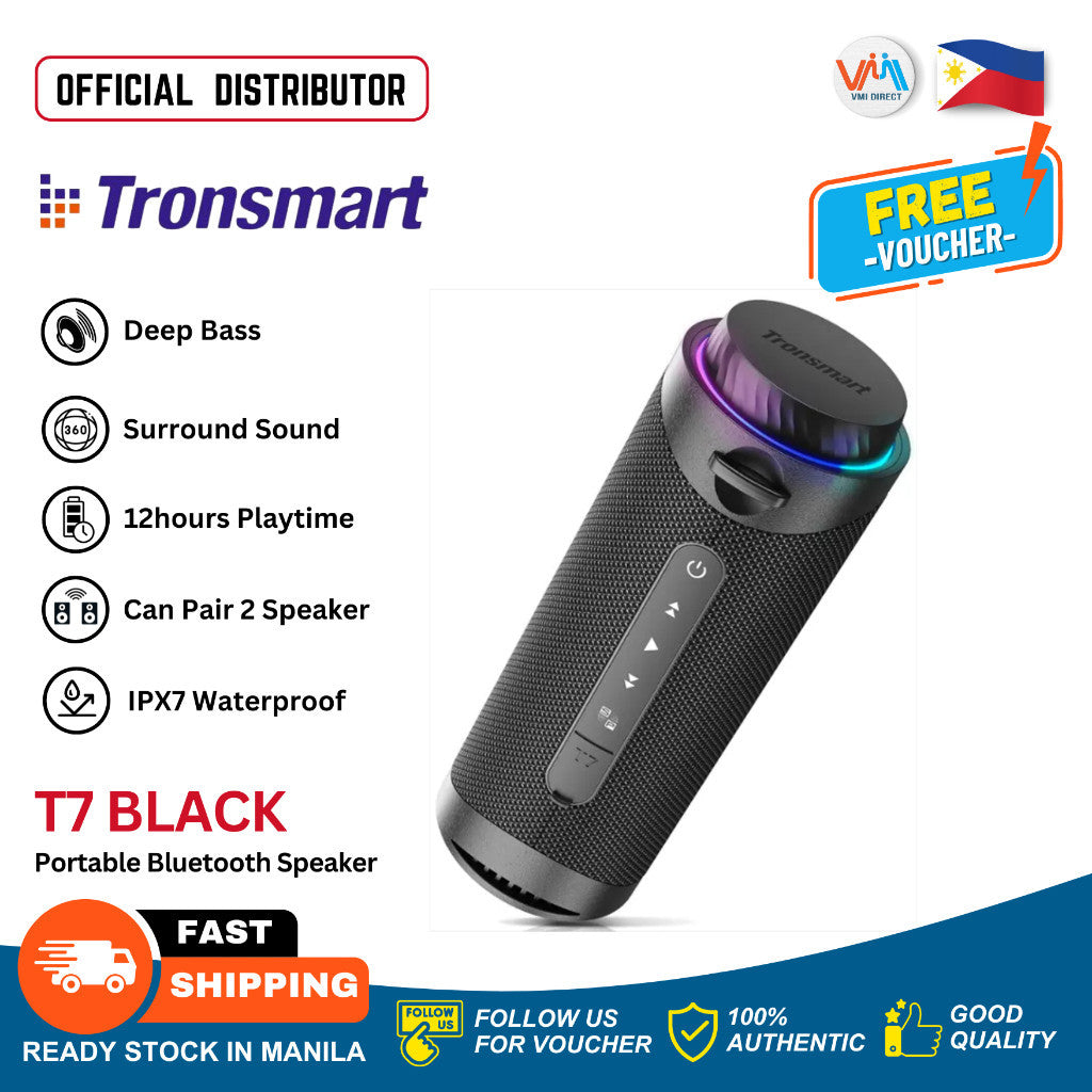 Tronsmart T7 Black Portable Bluetooth Speaker with Deep Bass, 12 Hours Playtime, and IPX7 Waterproof Rating
