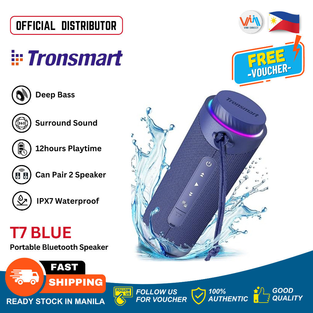 Tronsmart T7 Blue Portable Bluetooth Speaker with Deep Bass, 12 Hours Playtime, and IPX7 Waterproof feature