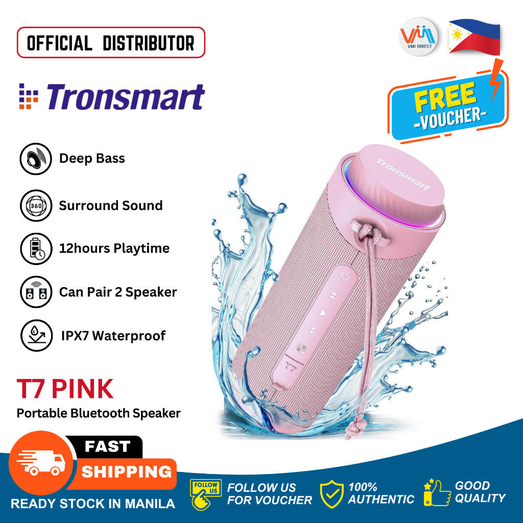Tronsmart T7 Pink Portable Bluetooth Speaker with deep bass, 12 hours playtime, and IPX7 waterproof rating