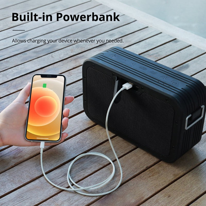 VMIDirect Portable Speaker with Built-in Powerbank Charging Your Device on a Wooden Surface