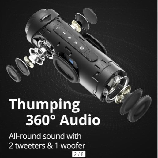 VMIDirect Portable Speaker showing detailed design with 360 audio, 2 tweeters, and 1 woofer