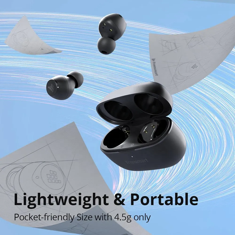 Tronsmart TWS Earbuds Mic in sleek black charging case with ergonomic design for comfort
