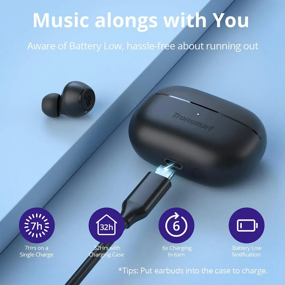 TWS Earbuds Mic with Charging Case offering 32 hours total playtime and battery low notification feature