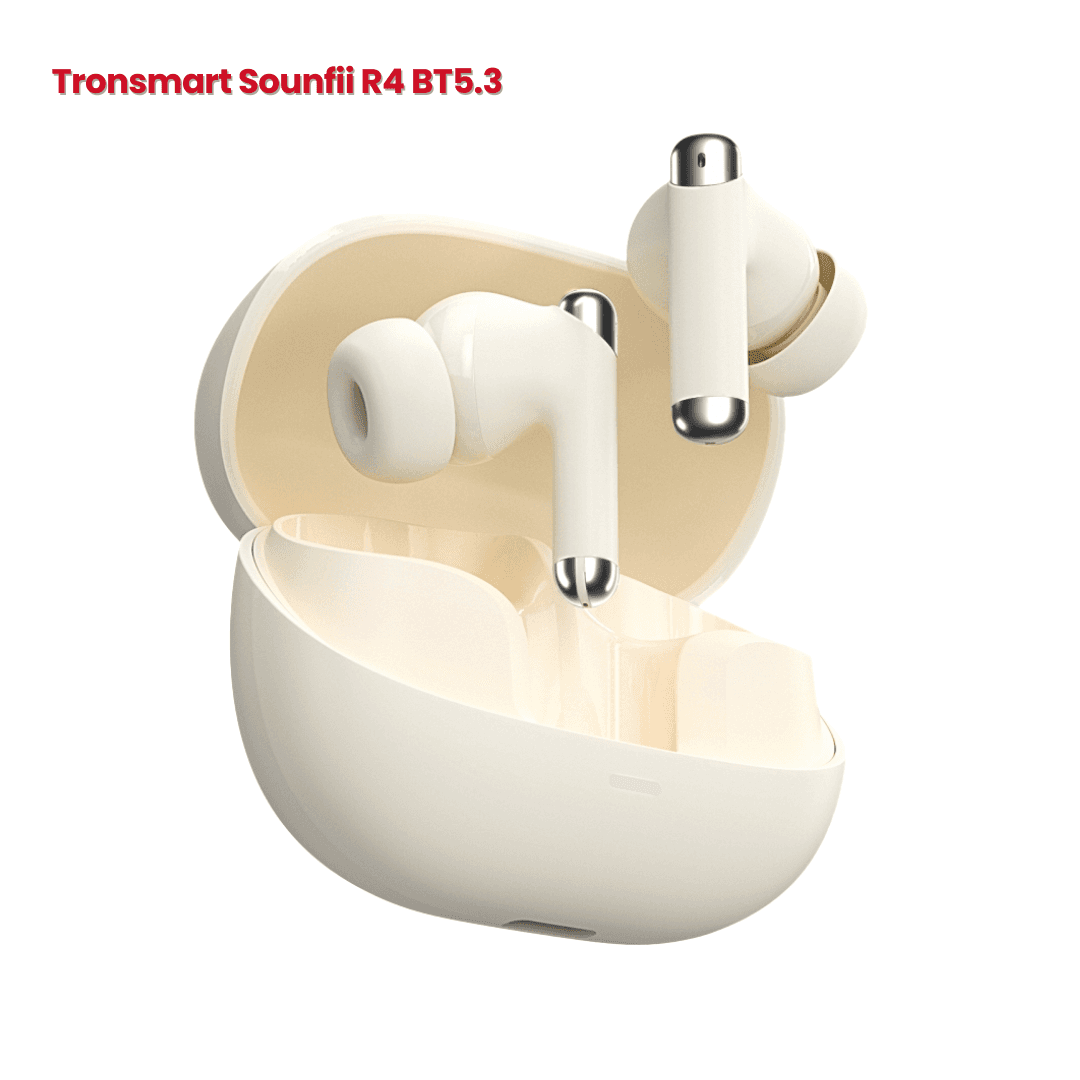 Tronsmart Soundfi R4 BT5.3 Wireless Earphones Bluetooth in cream charging case with sleek design