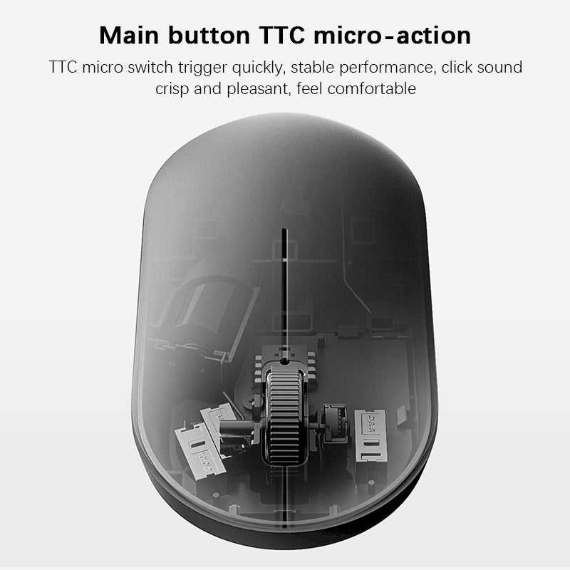Transparent design of VMIDirect Wireless Mouse and Keyboard showing TTC micro switch for comfortable clicking