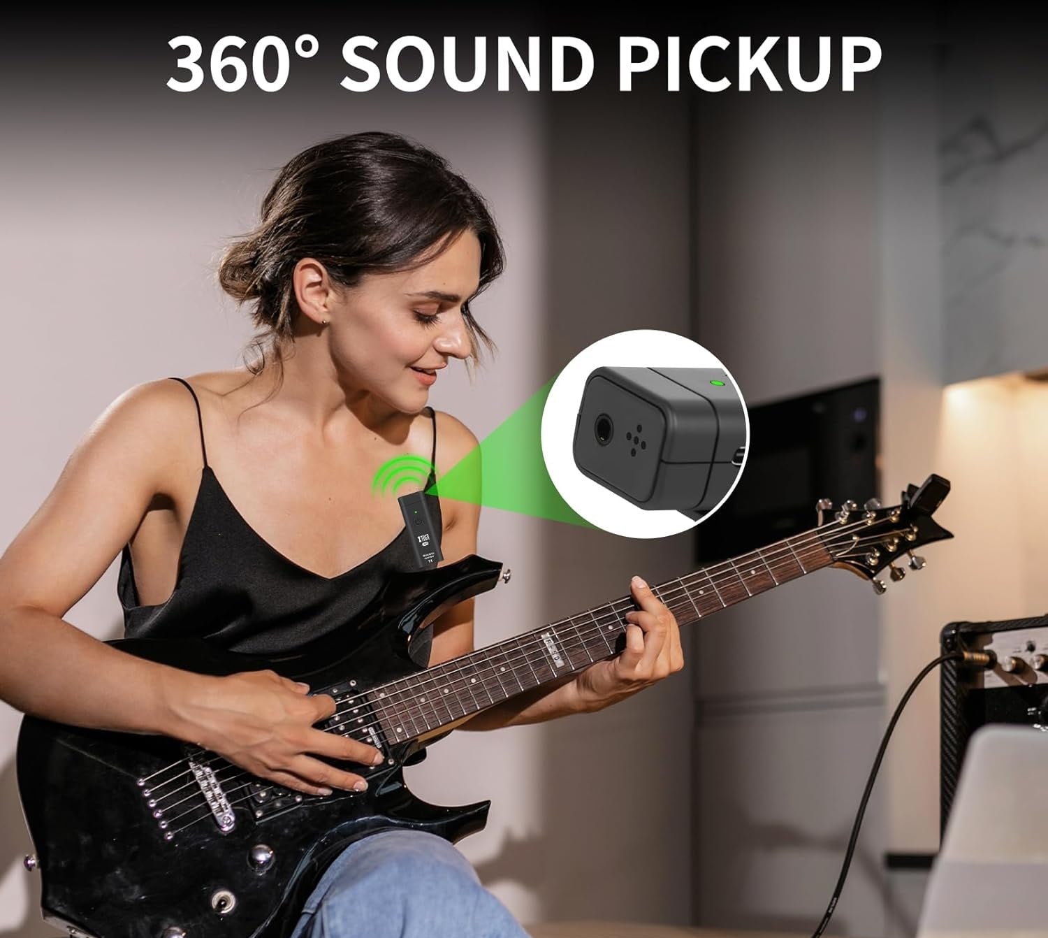 Woman using a personal UHF wireless IEM system while playing electric guitar for clear sound monitoring