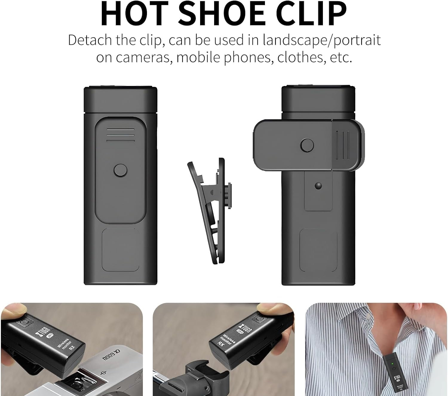 Personal UHF wireless IEM system with hot shoe clip for versatile use on cameras and clothing