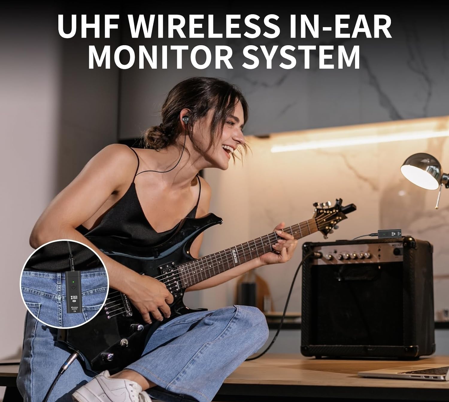 Personal UHF wireless IEM system being used by a guitarist for clear audio monitoring