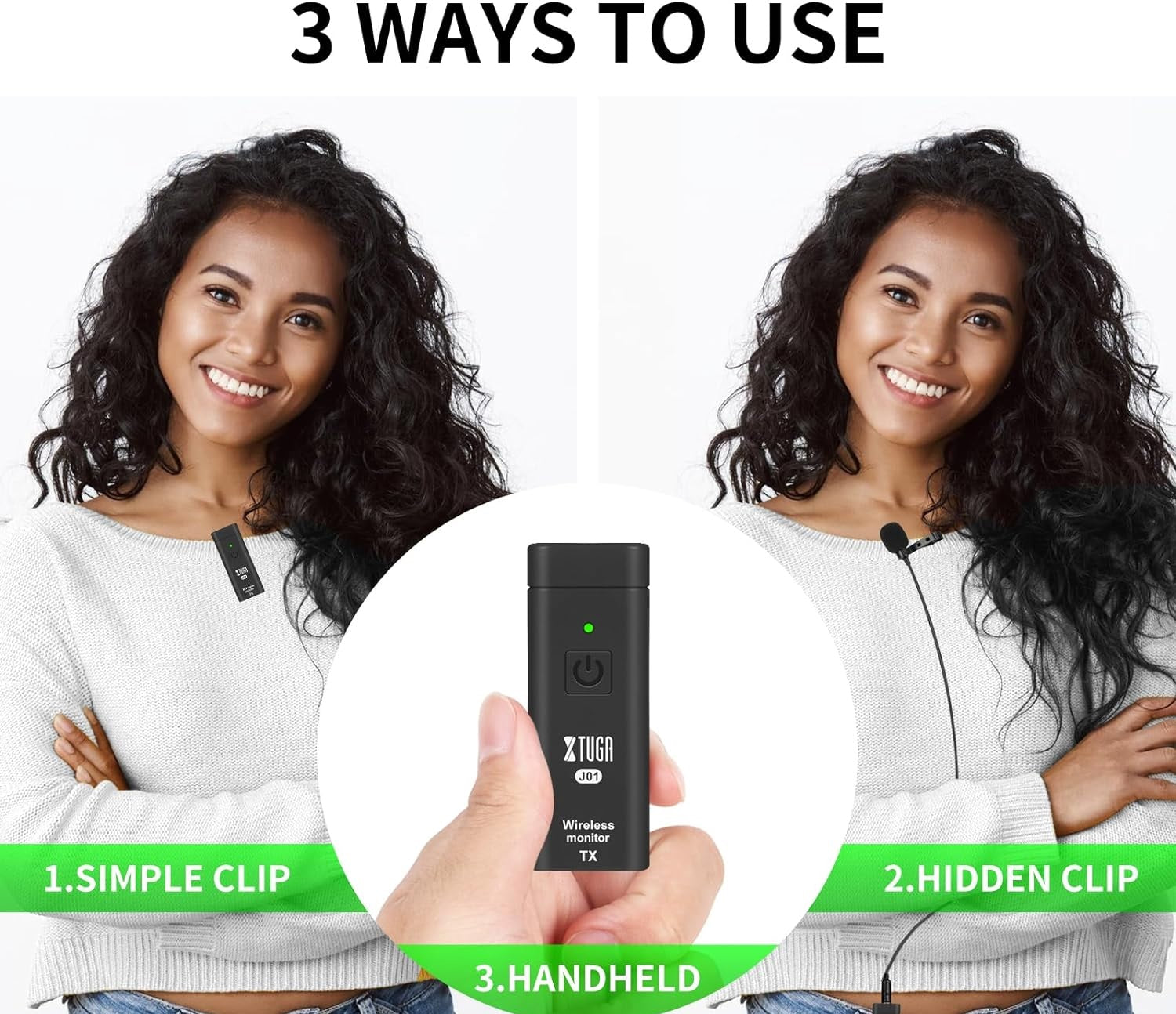 Personal UHF wireless IEM system demonstrating three usage modes: simple clip, hidden clip, and handheld