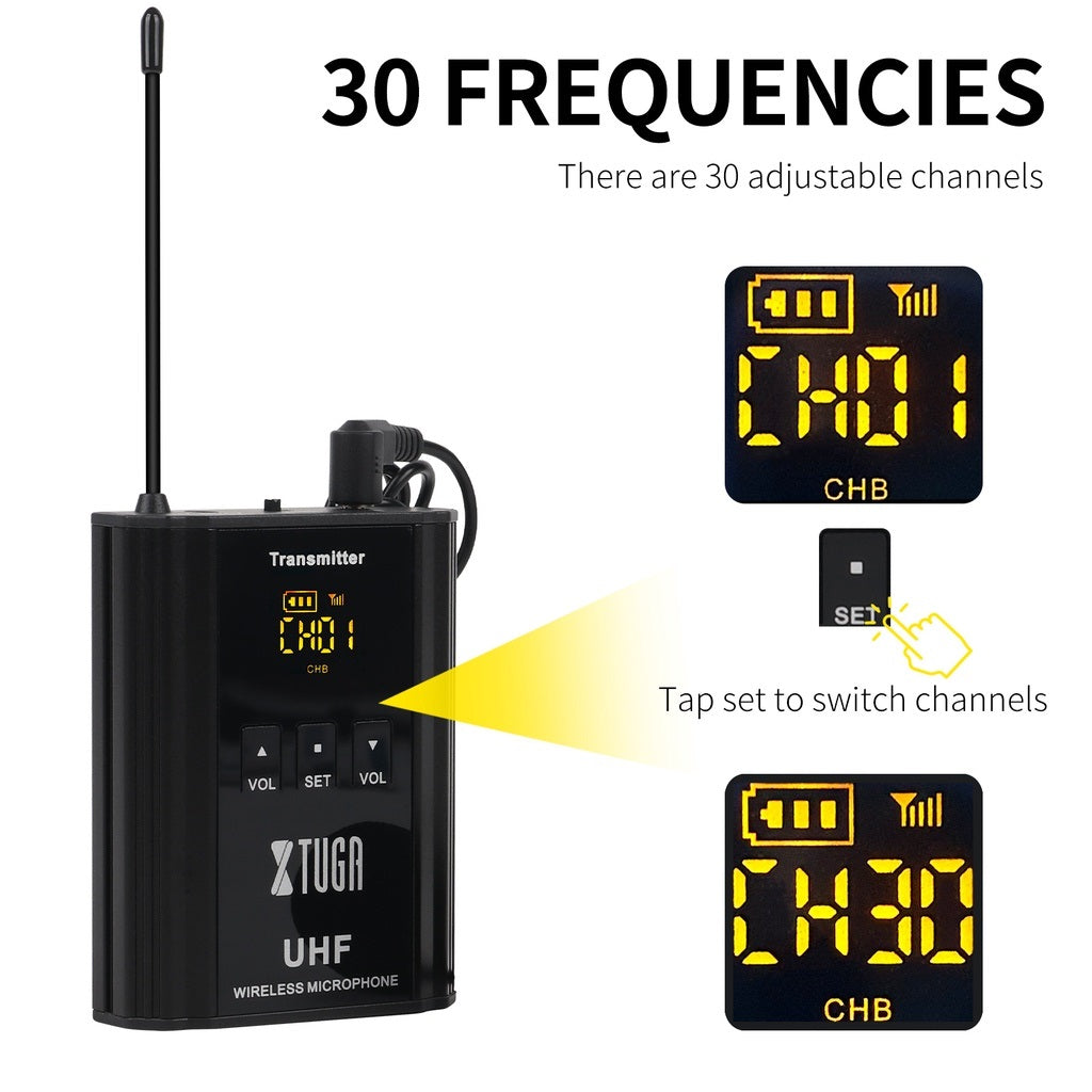 Rechargeable mini bodypack transmitter with 30 adjustable frequency channels for clear audio transmission