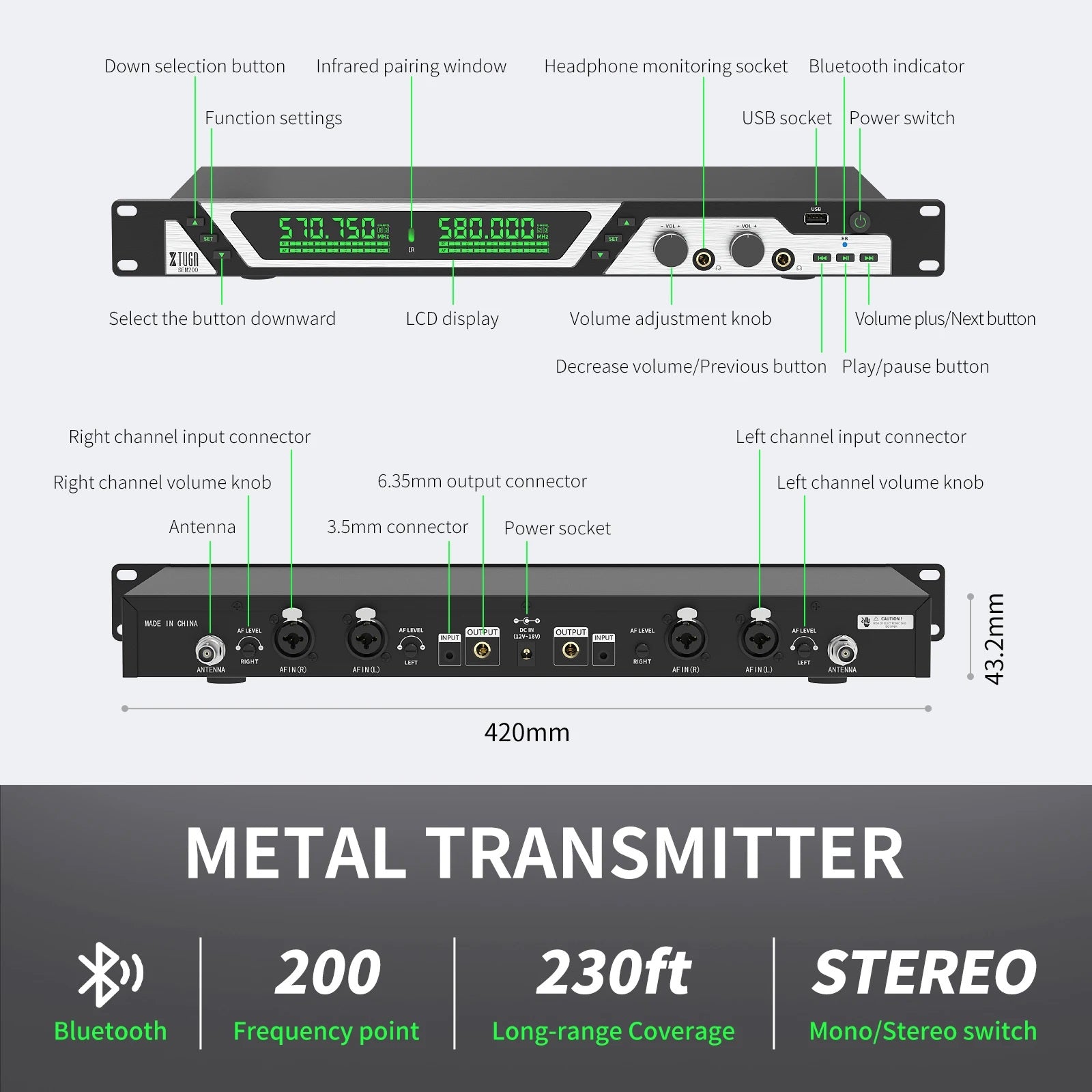 Mono Wireless in Ear Monitor System with UHF stereo in ear monitors and Bluetooth connectivity
