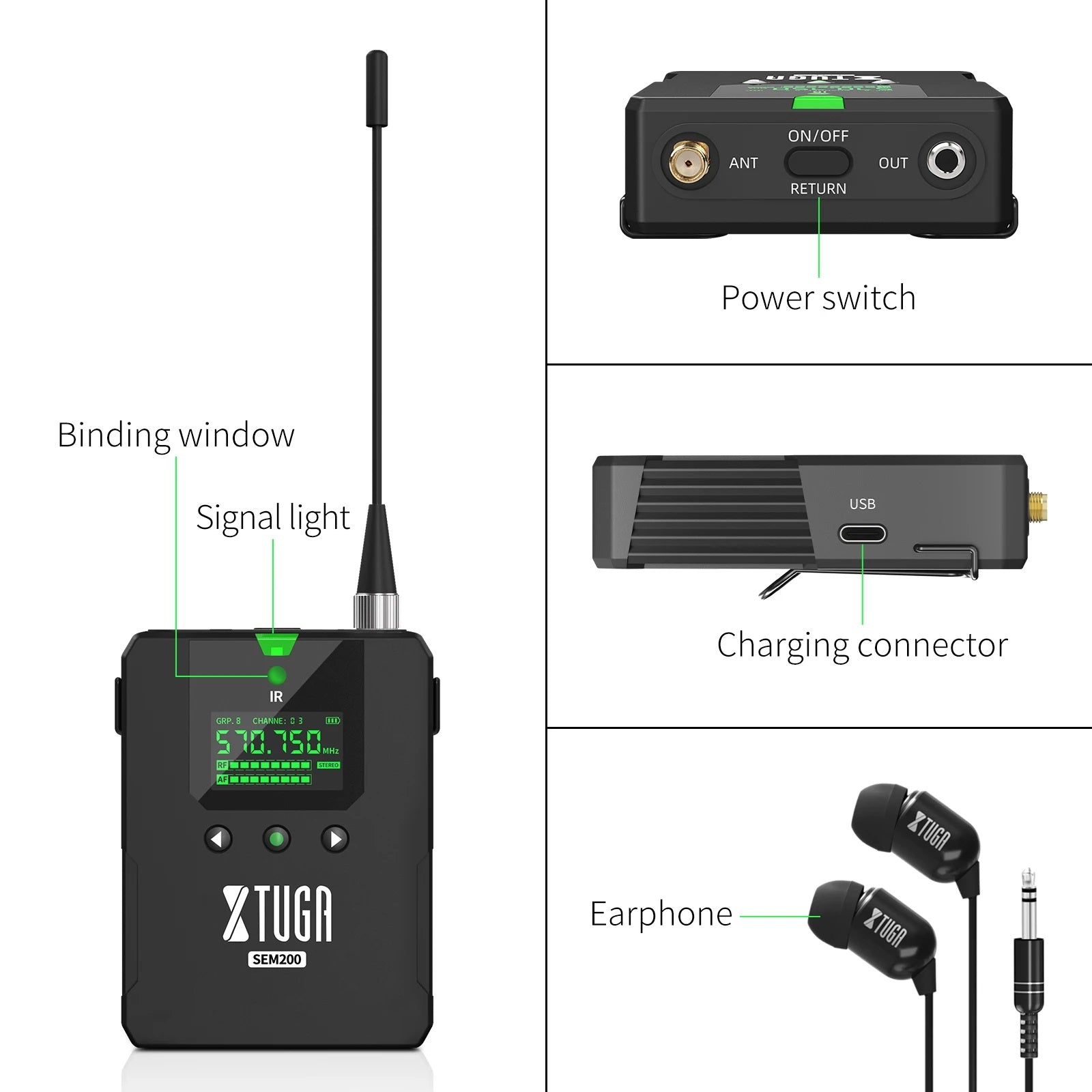 UHF stereo in ear monitors system with transmitter, USB charging, and earphones for quality audio monitoring