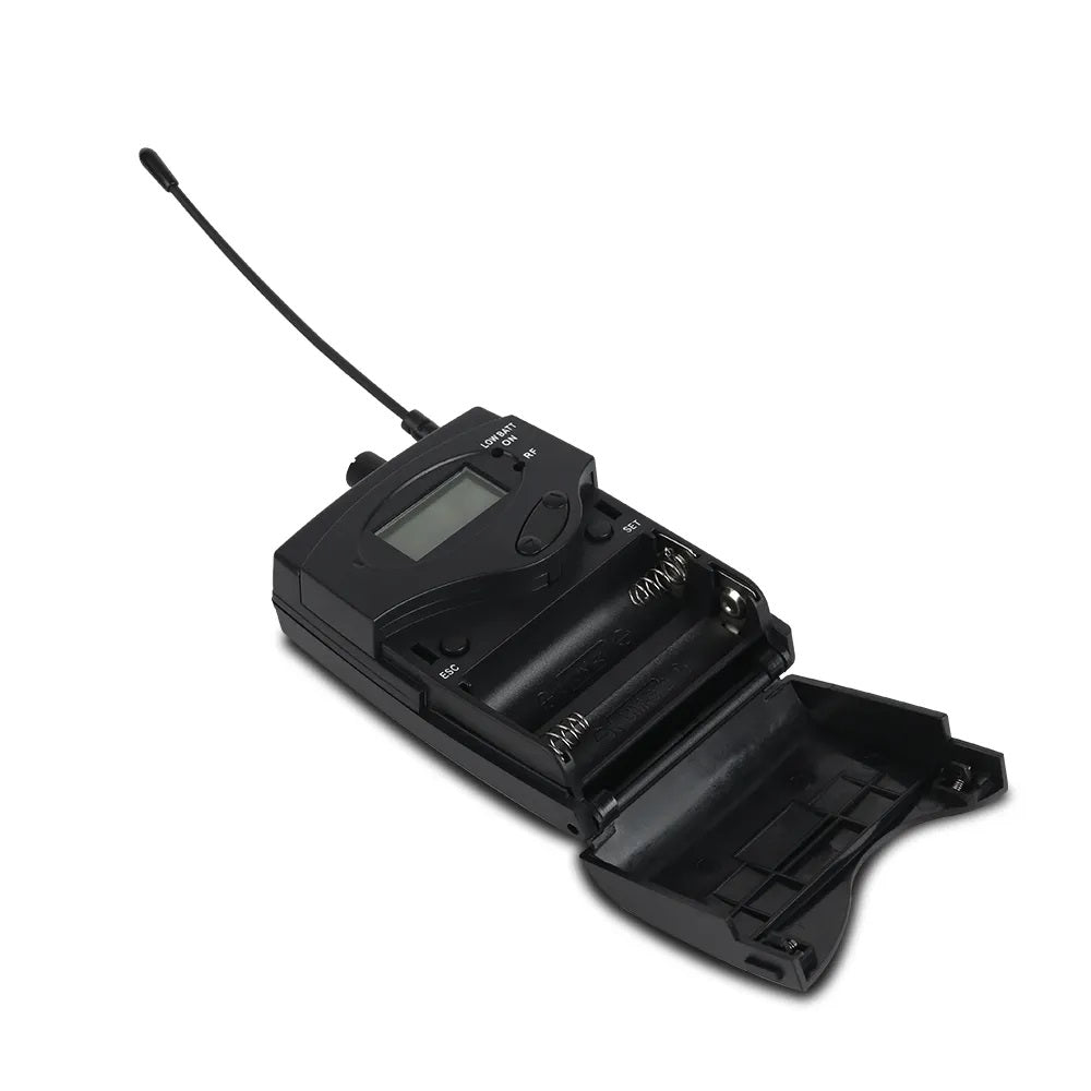 Wireless in ear monitor system transmitter with display and antenna for clear audio monitoring