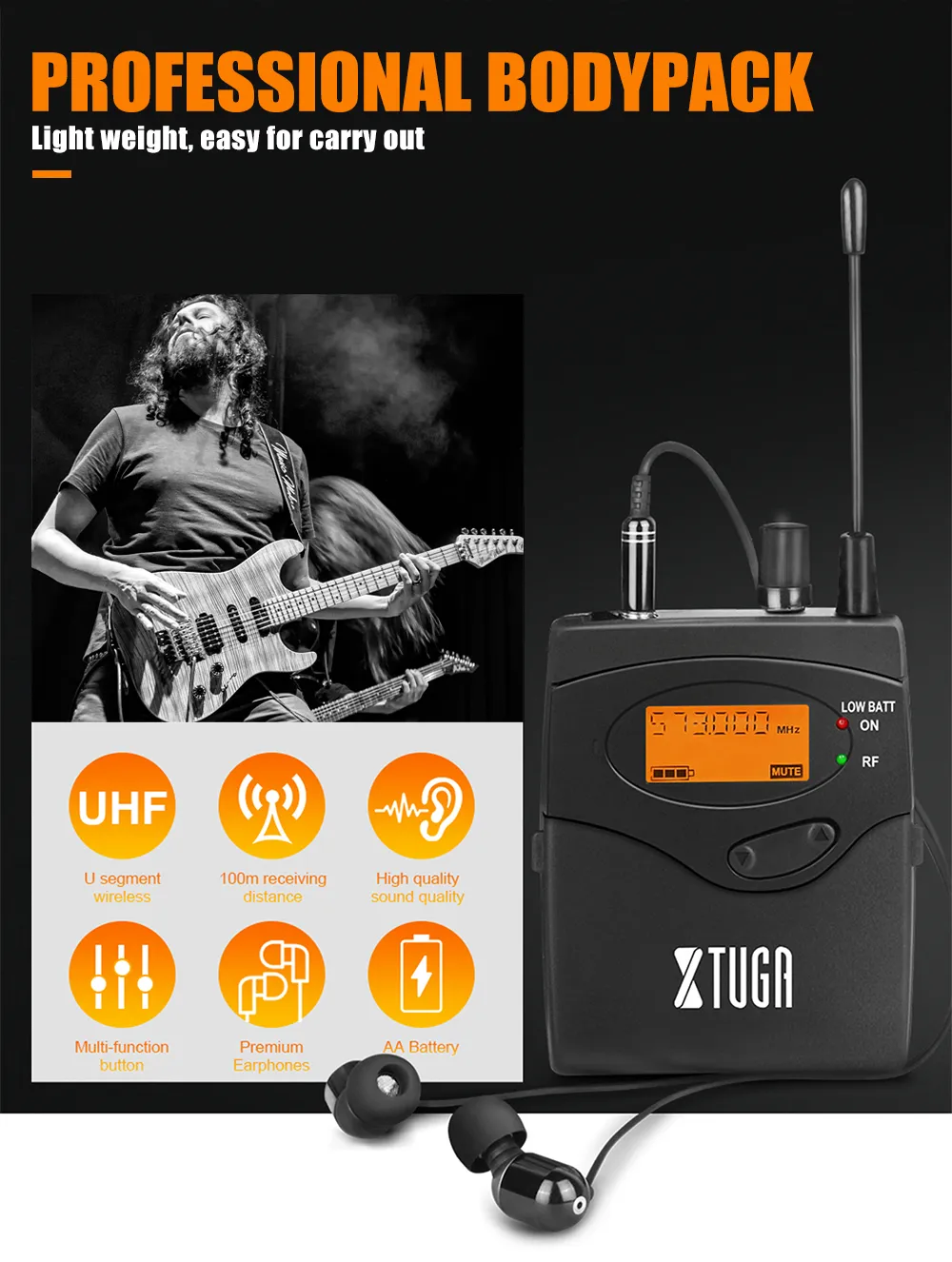 Wireless in ear monitor system with professional bodypack, UHF signal, and premium earphones