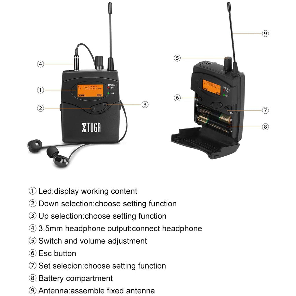 Wireless in ear monitor system with portable transmitter and earphones for clear audio performance