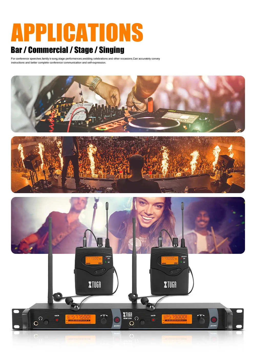 Wireless in ear monitor system for stage performances, bars, and commercial events