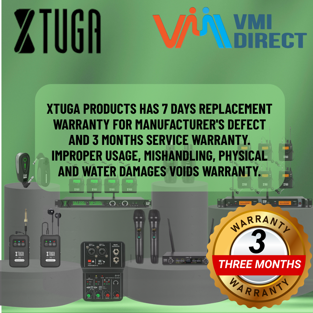 VMIDirect Wireless UHF Lapel Microphone with warranty information displayed in a product presentation