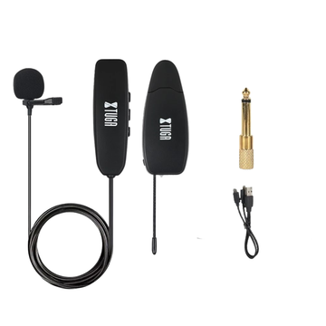 Wireless UHF Lapel Microphone set with clip-on mic, receiver, and USB charging cable