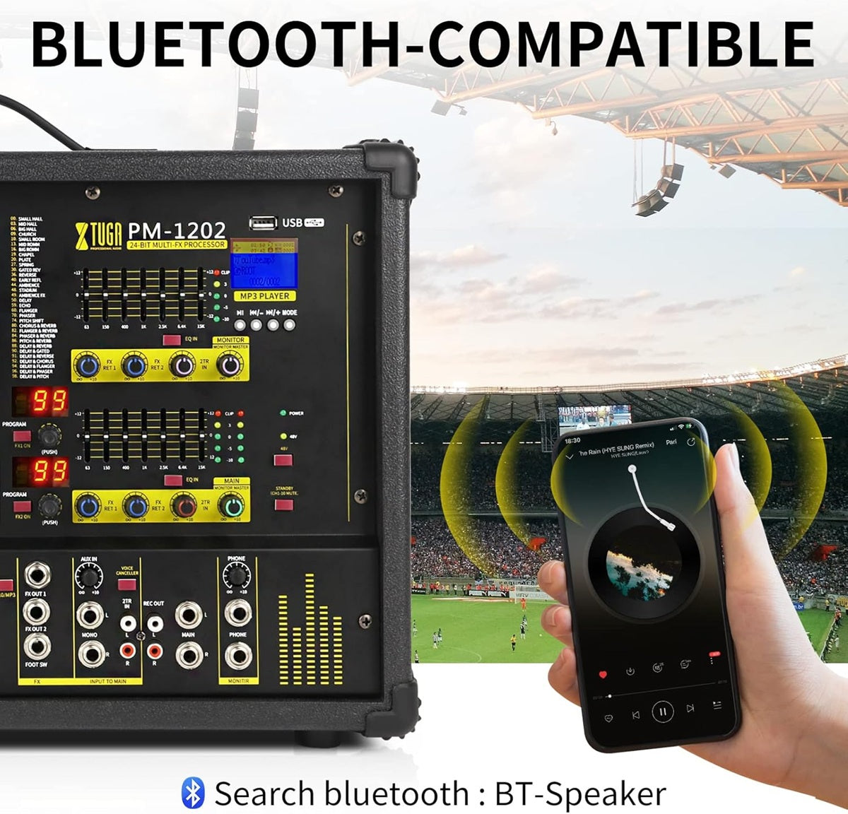 10 channel stage power mixer with Bluetooth compatibility and multiple input options for versatile audio mixing