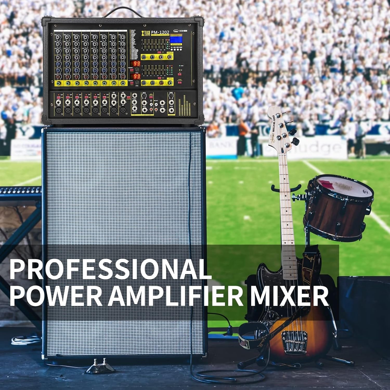 Professional 10 channel stage power mixer on a speaker with instruments set for a live performance