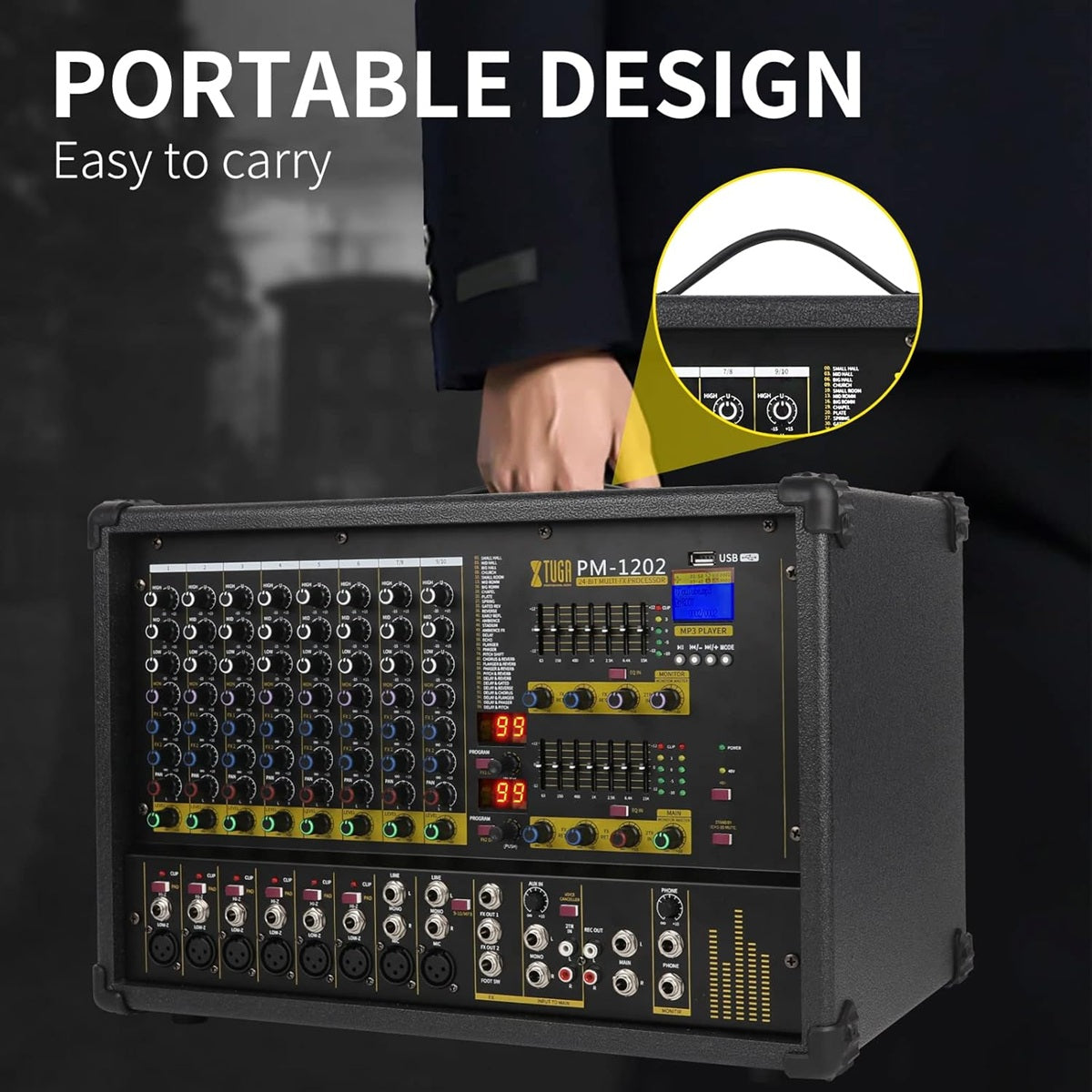 Portable VMIDirect 10 channel stage power mixer with easy carry handle and compact design