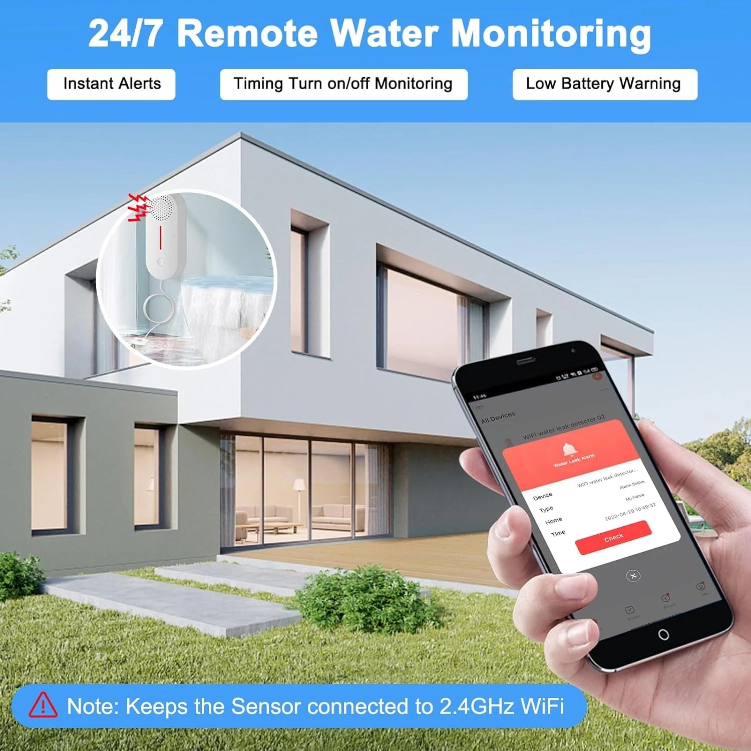 Tuya water level sensor alarm showing remote water monitoring alerts on smartphone for home security
