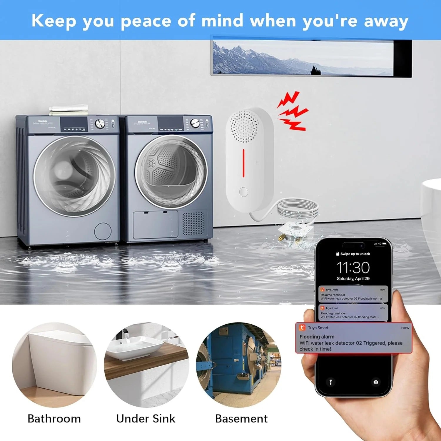 Home security alarm system showing Tuya water level sensor alarm detecting flooding near washer and sending alert to smartphone