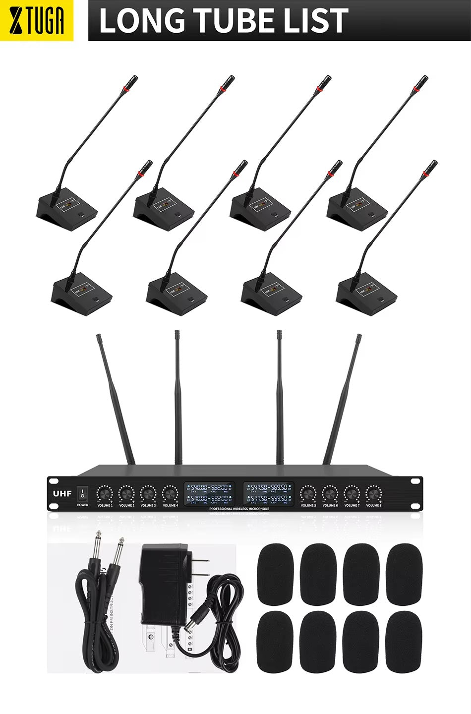 UHF wireless conference microphone system with six gooseneck mics and a receiver unit for clear audio capture