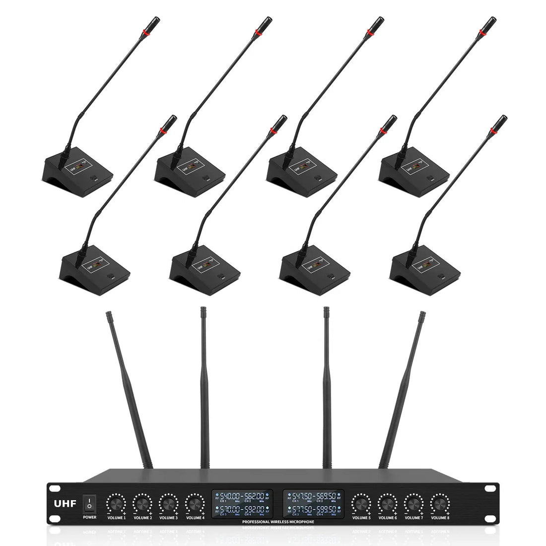 UHF wireless conference microphone system with six gooseneck mics and receiver for clear audio during meetings