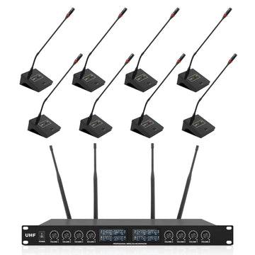 UHF wireless conference microphone system with six gooseneck mics and receiver for clear audio during meetings