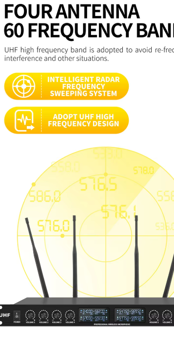 UHF wireless conference microphone system with four antennas for enhanced frequency stability