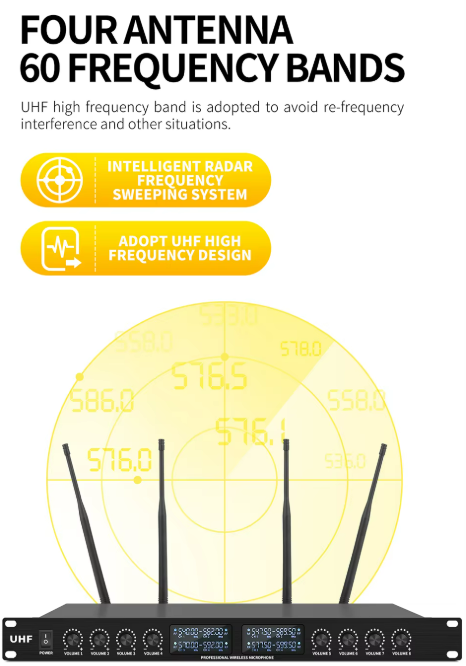 UHF wireless conference microphone system with four antennas for enhanced audio performance.