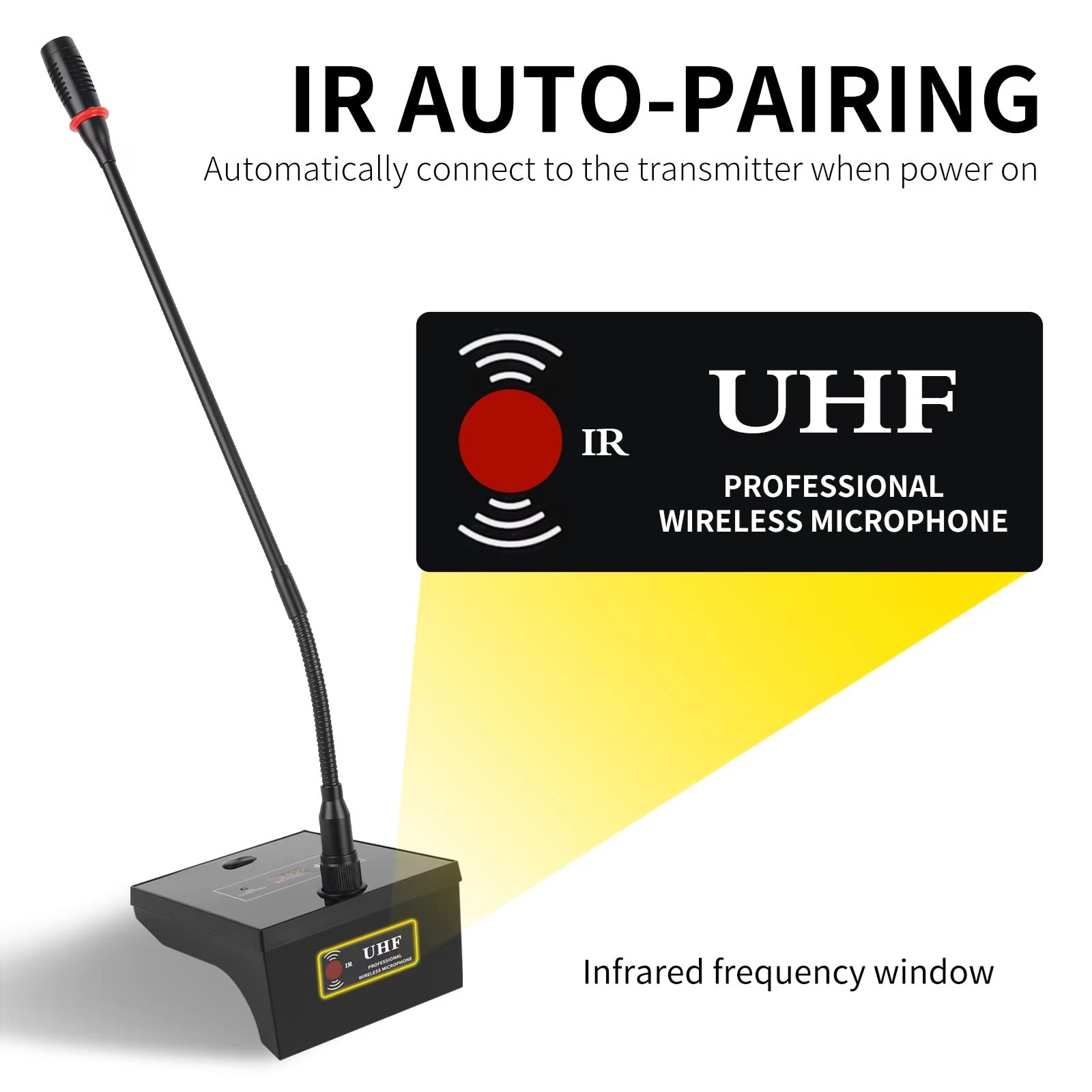 Gooseneck microphone designed for UHF wireless conference microphone system with IR auto-pairing feature
