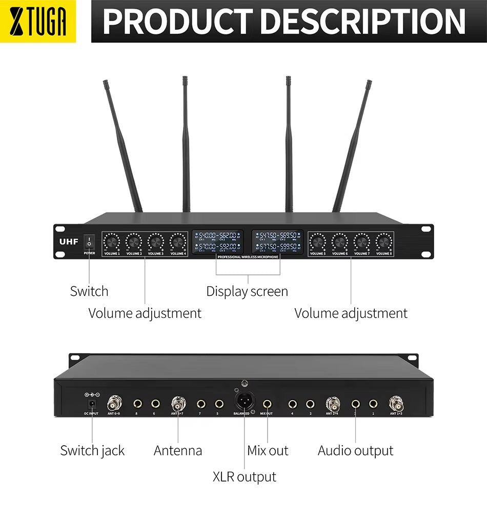 UHF wireless conference microphone system with adjustable volume and multiple outputs for optimal audio performance