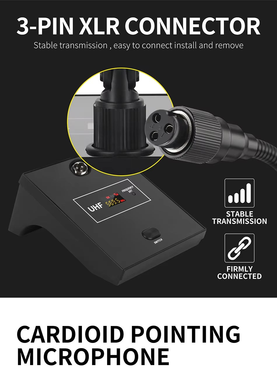 Gooseneck microphone with 3-pin XLR connector, designed for UHF wireless conference microphone system.