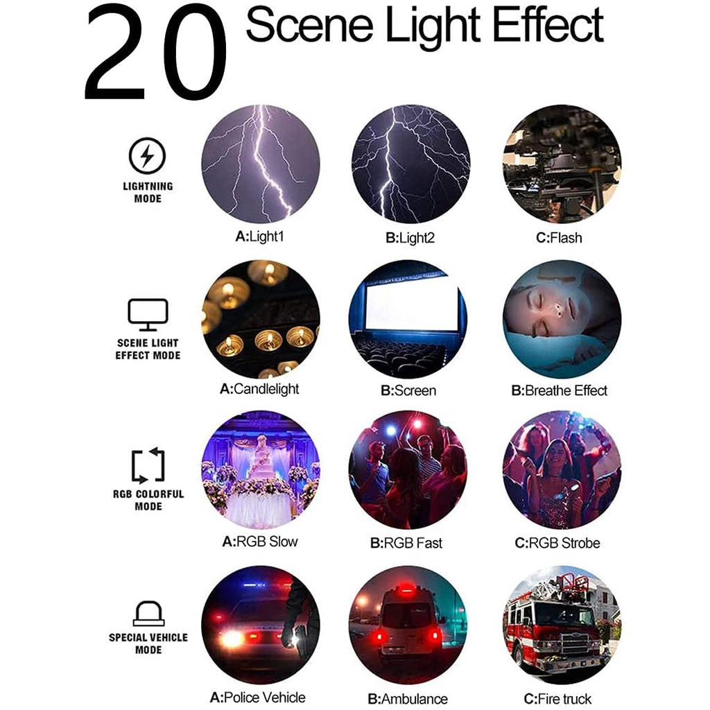20 scene light effect options displayed for RGB Mini LED Video Light from VMIDirect