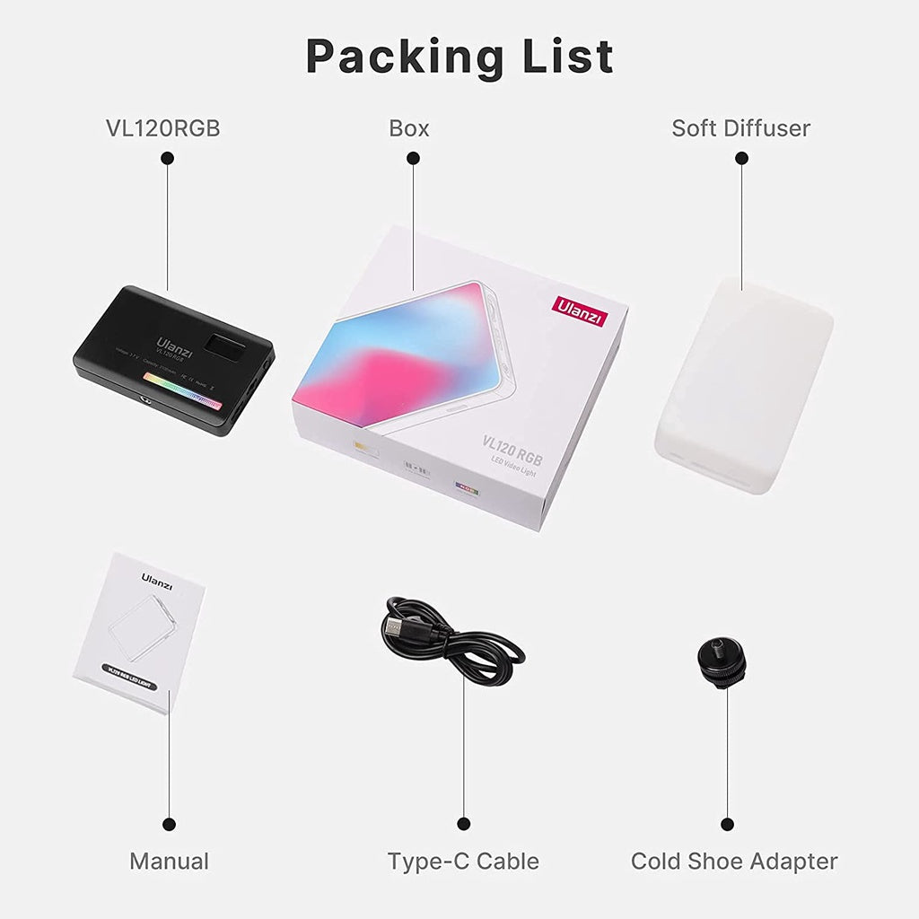 VMIDirect RGB Mini LED Video Light pack with soft diffuser, Type-C cable, and cold shoe adapter