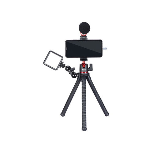 Ulanzi MT-11 mini tripod setup with smartphone, microphone, and LED light for stable shooting