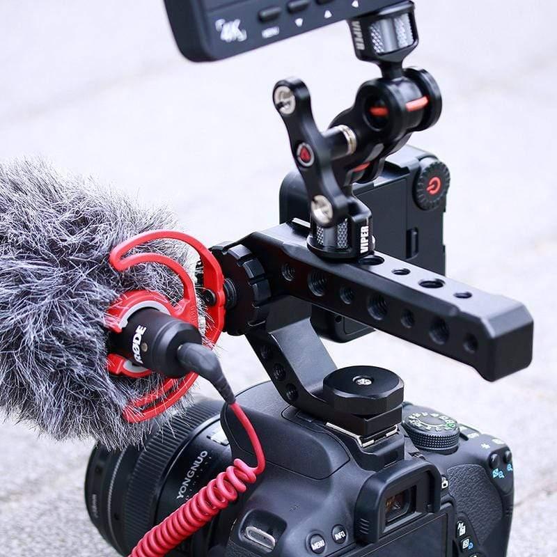 Ulanzi UURig R005 cold shoe mount attached to a camera with a microphone and accessories for optimal recording setup